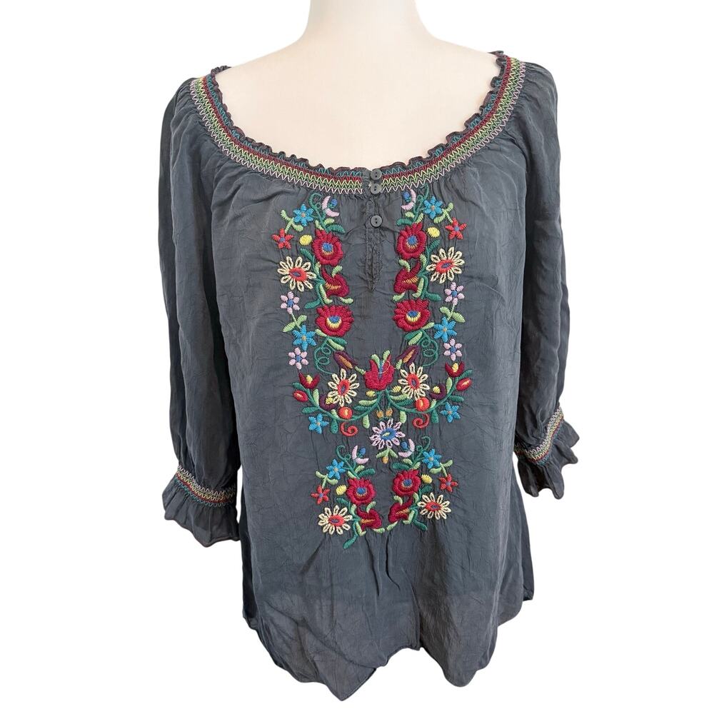 Johnny Was Floral Embroidered Peasant Blouse — Women's Small